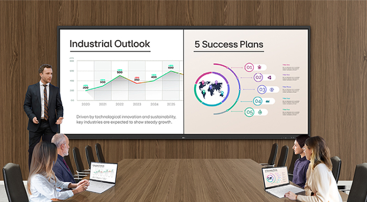 The screens of meeting participants are wirelessly shared on LG's interactive widescreen, allowing multiple people to simultaneously share their materials on a single screen without cable interference, thereby facilitating fluid discussions.