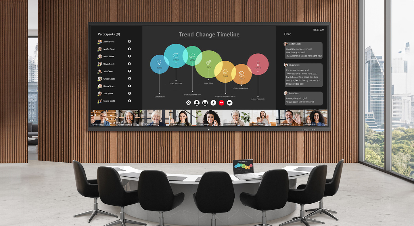 A wide LG CreateBoard screen is installed on the wall of a meeting room. The expansive interactive board screen shows an ongoing video conference. 