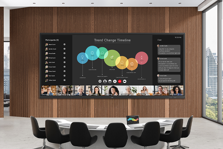 A wide LG CreateBoard screen is installed on the wall of a meeting room. The expansive interactive board screen shows an ongoing video conference. 