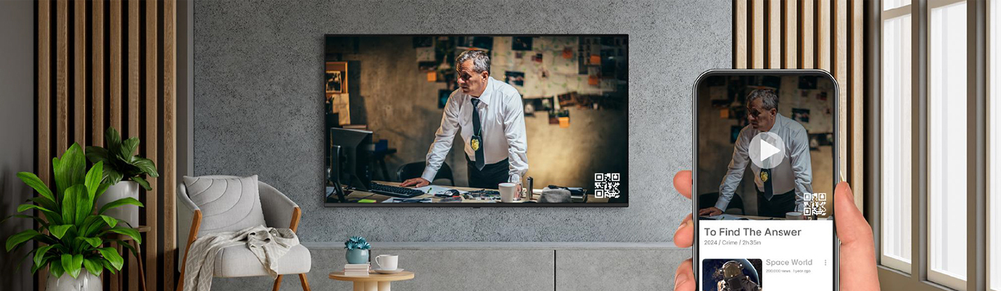 A hotel guest is using OTT services by pairing their smartphone with the in-room TV through QR code login.